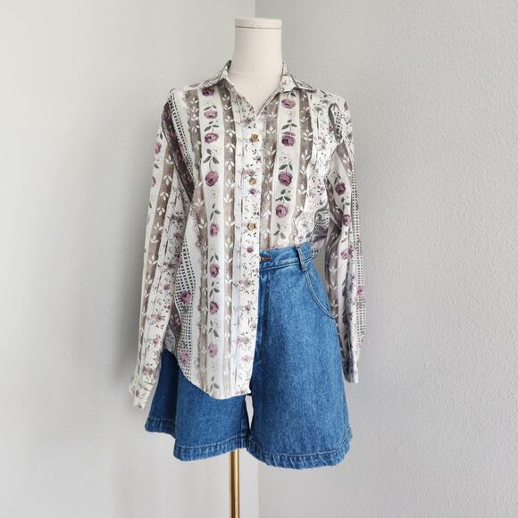 Vintage Late 70s Vintage Patchwork Floral Stripe Prairie Button Down Shirt M - Picture 1 of 9